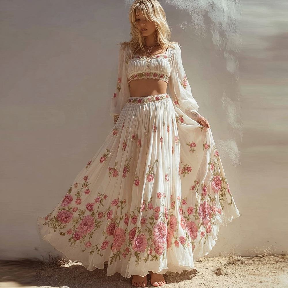 Vintage Boho Roses Art Pattern Flowy Linen Skirt