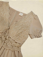 Maxi Cotton Dress, Short Sleeves, V Neck, Plain, Lace, French Vintage, Brown