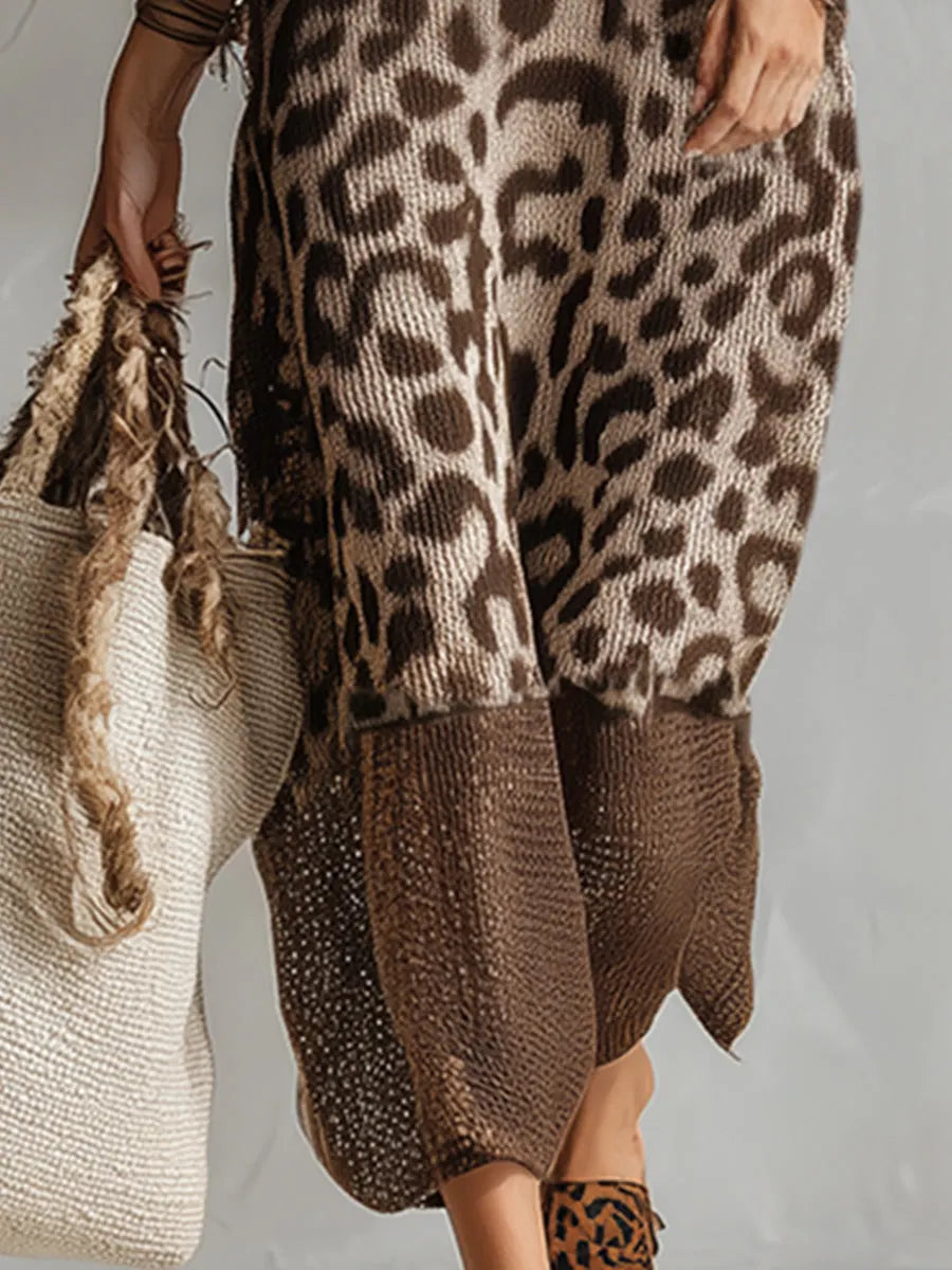 Elegant Brown Leopard Print Mesh Breathable Knit Sleeveless Maxi Dress