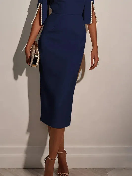 Purplish blue Faux Pearl Classic Crew Neck Half Sleeve Sheath Midi Dress