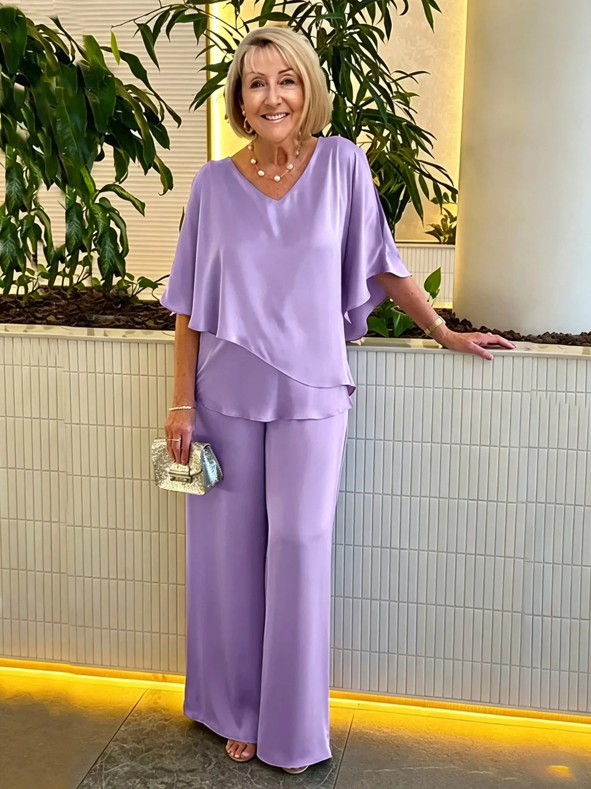 Women's 2 Piece Satin Pantsuit, V Neck Cape Flutter Sleeve Double Layer Tunic Top & Wide Leg Trousers, Elegant Loose Matching Outfit Set for Wedding Guest Formal Occasion