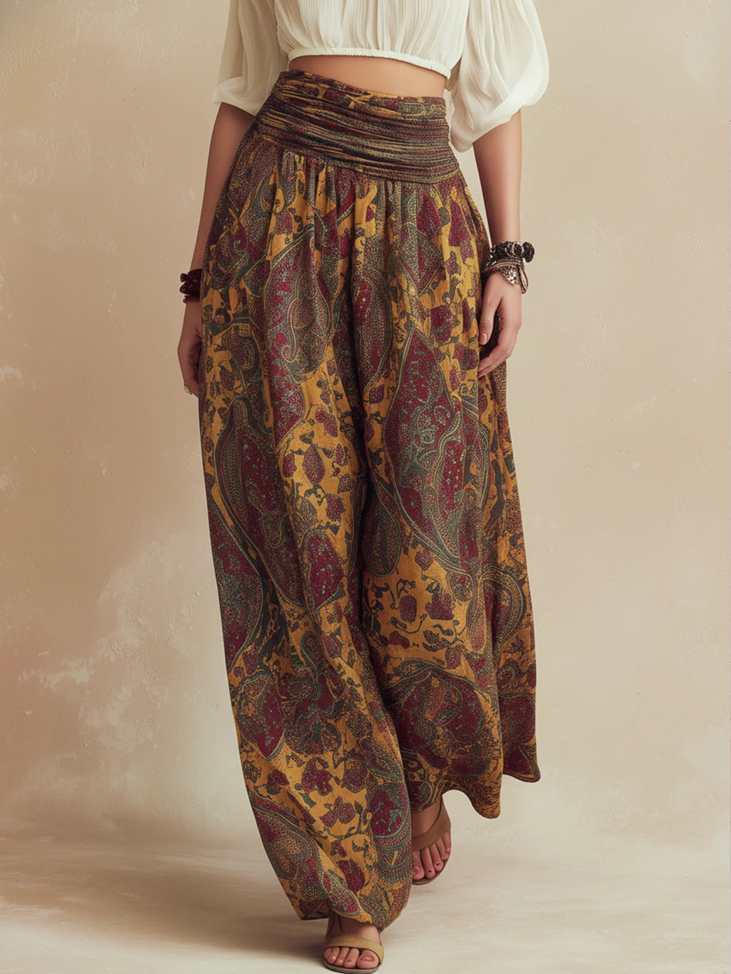 Bohemian Off-Shoulder Two-Piece Set - Flowy Printed Palazzo Pants & Crop Top