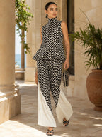 Black & White Chevron Print High-Neck Top & Pleated Wide-Leg Pants Set