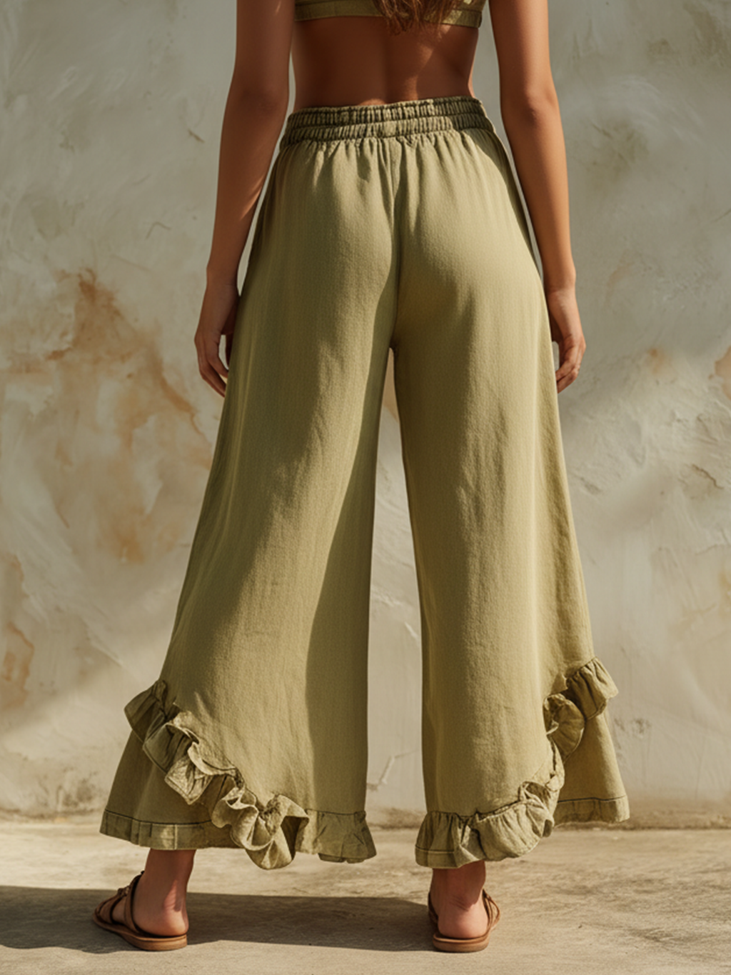 Olive Green Ruffle Hem Wide-Leg Pants