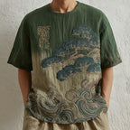 Japanese Pine And Ocean Wave Embroidered Crew Neck T-shirt