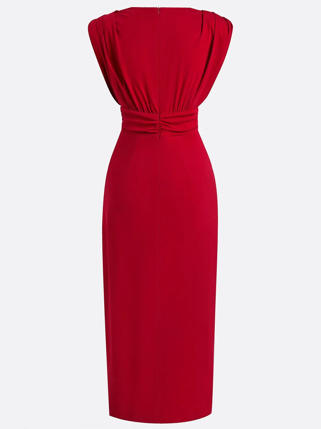 Red Ruffled Knit V Neck Sleeveless Sheath Maxi Dress