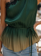 Elegant One-Shoulder Pleated Blouse with Lace Trim - Emerald Green