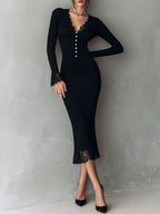 Elegant Pearl Button Black Ribbed Knit Midi Dress With Lace Trim