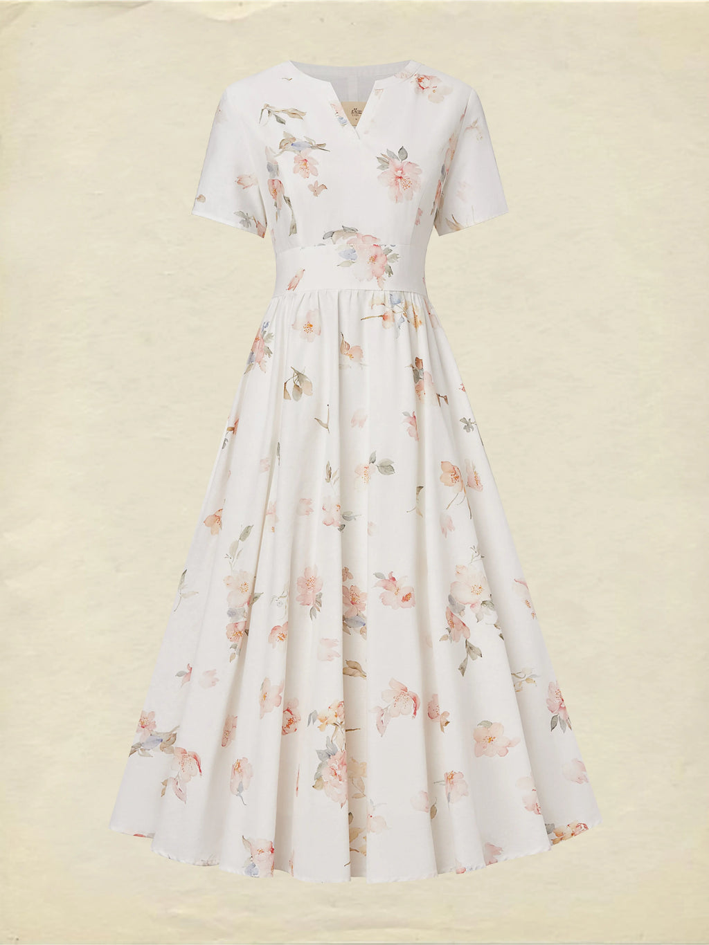Midi Linen Dress, Short Sleeves, V Neck, Floral, Vintage, White