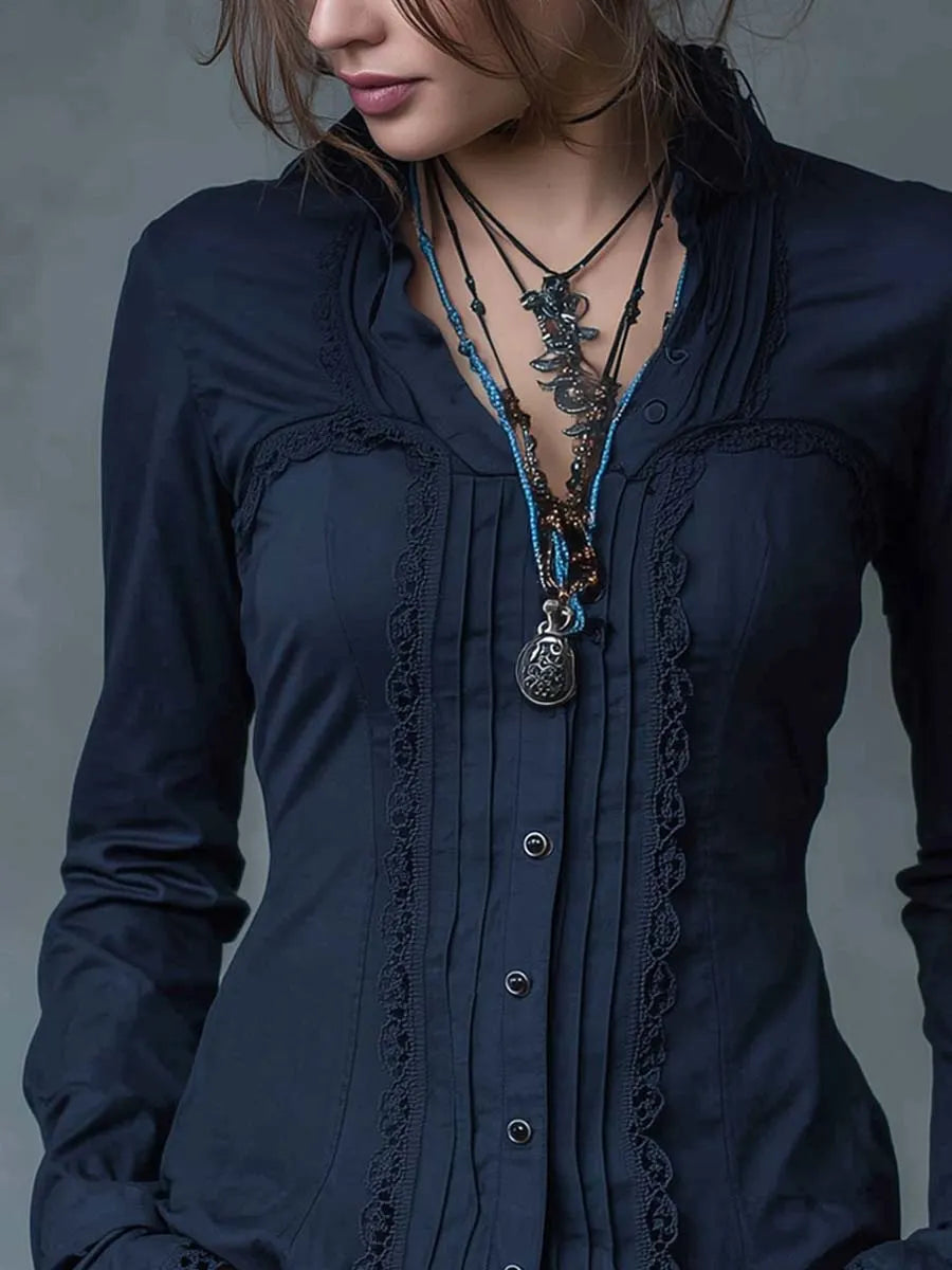 Retro Pleated Lace Long-sleeved Blouse
