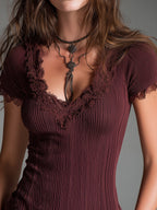 Vintage Faded Knitted Short-sleeved T-shirt With Lace Trim