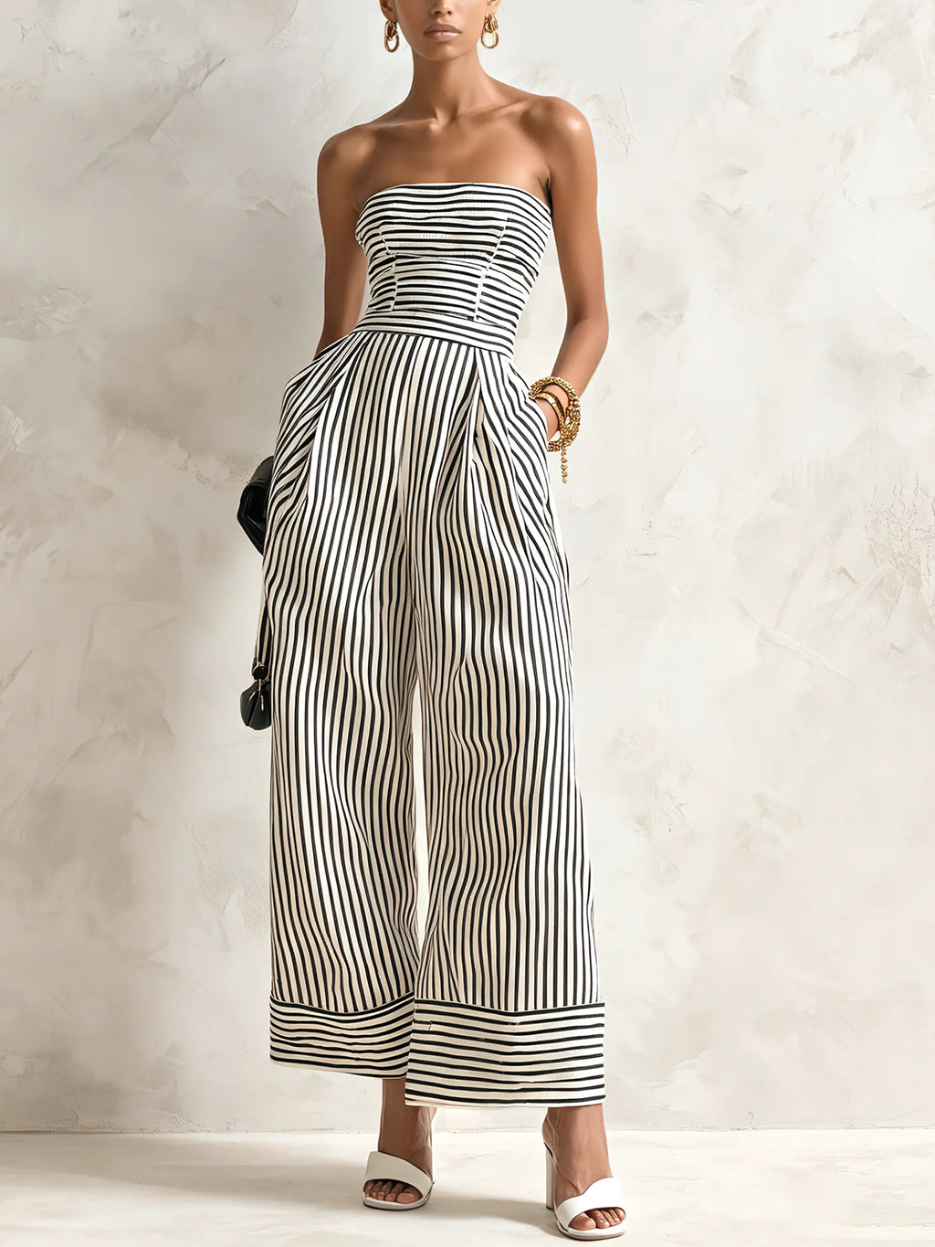 Black & White Striped Strapless Wide-Leg Jumpsuit