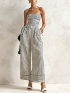 Black & White Striped Strapless Wide-Leg Jumpsuit