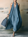 Blue Linen Halter Maxi Dress With Embroidered Detail