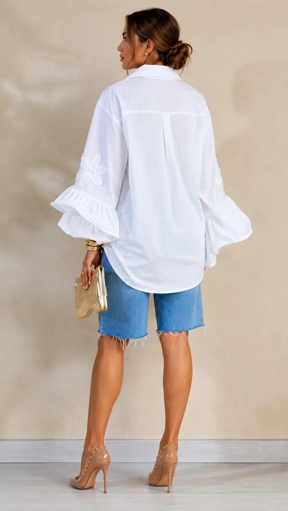Oversized  Embroidery Ruffle Shirt & Raw‑Hem Denim Knee Shorts