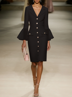 Black Buckle Mesh Tweed Lapel Collar Long Sleeve Bell Sleeve Sheath Midi Dress