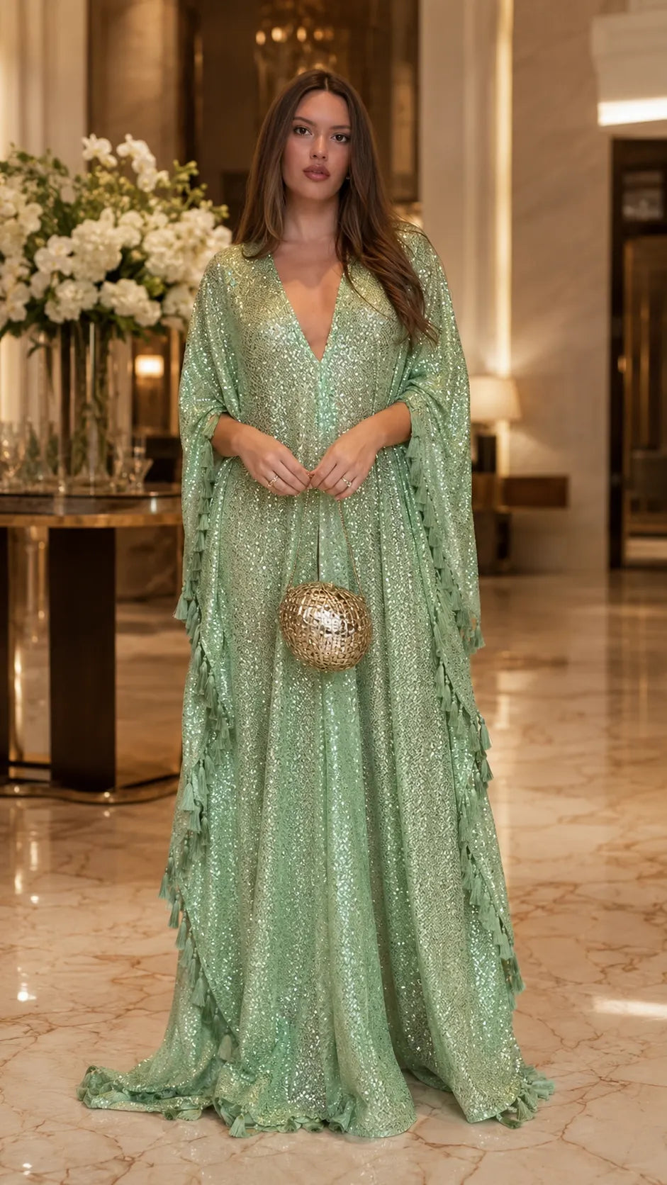 Sequin Tassel V-Neck Kaftan Maxi Gown