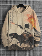Men's Retro Calligraphy Cat Dinosaur Volcanic Eruption Art Print Hooded