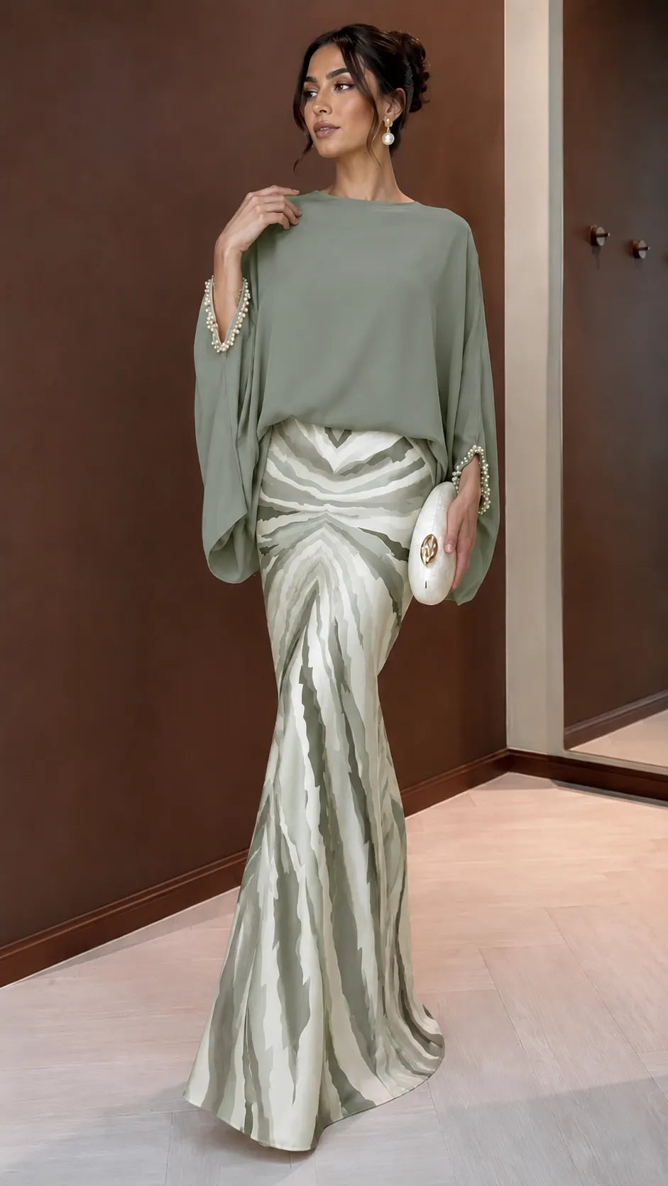 Mustard Batwing Blouse & Printed Satin Mermaid Maxi Skirt Set