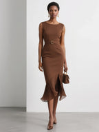 Brown Pleated Slit Classic Boat Neck Sleeveless Mermaid Midi Dress