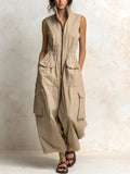 Beige Cotton Twill Sleeveless Utility Cargo Jumpsuit