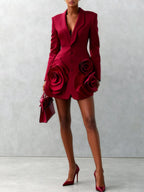 Burgundy 3D Floral Blazer Shawl Collar Long Sleeve A-Line Mini Dress