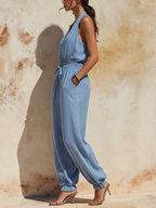 Sky Blue Linen Halter Jumpsuit With Smocked Waist