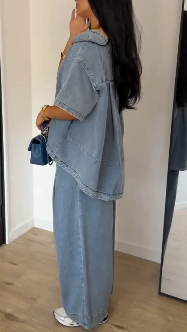 Women's Washed Blue Loose Wide-Leg Denim Trousers – Two-Piece Set