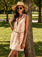 Blush Pink Floral Print Sleeveless Shift Dress With Frayed Trim