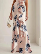 Pink Floral Satin One-Shoulder Ruffled A-Line Maxi Dress
