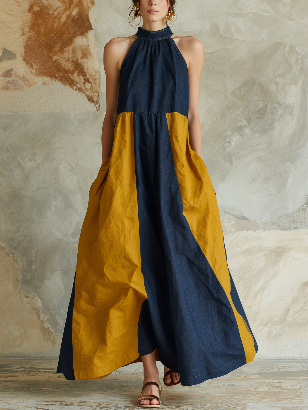 Halter Neck Color Block Denim Maxi Dress