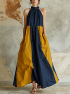 Halter Neck Color Block Denim Maxi Dress
