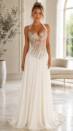 Halter Floral Illusion Corset Chiffon Gown