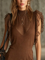 Brown Ruffled Knit Mini Dress With Sheer Polka Dot Trim