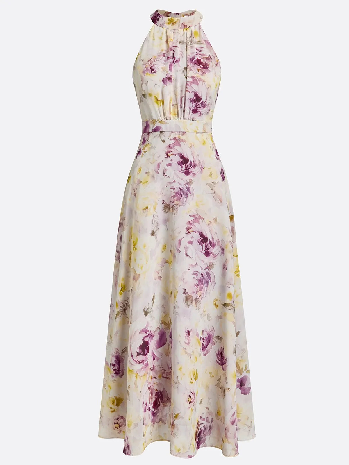 Light Purple Floral Chiffon Halter Sleeveless A-Line Maxi Dress