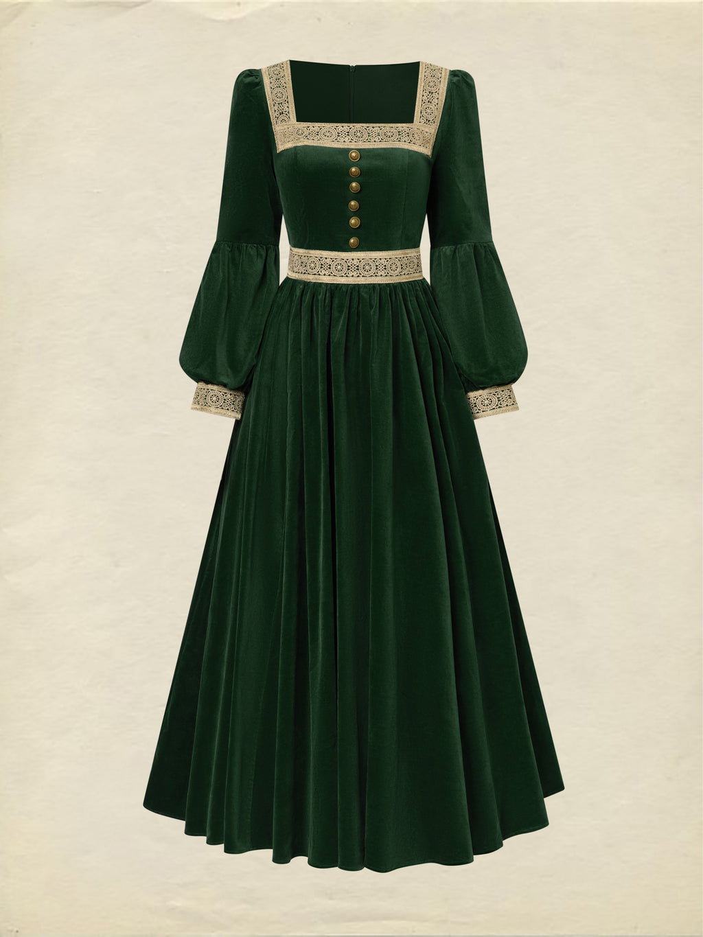 Maxi Cotton Dress, Long Sleeves, Square Neck, Plain, Lace, Vintage, Green