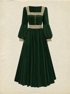 Maxi Cotton Dress, Long Sleeves, Square Neck, Plain, Lace, Vintage, Green