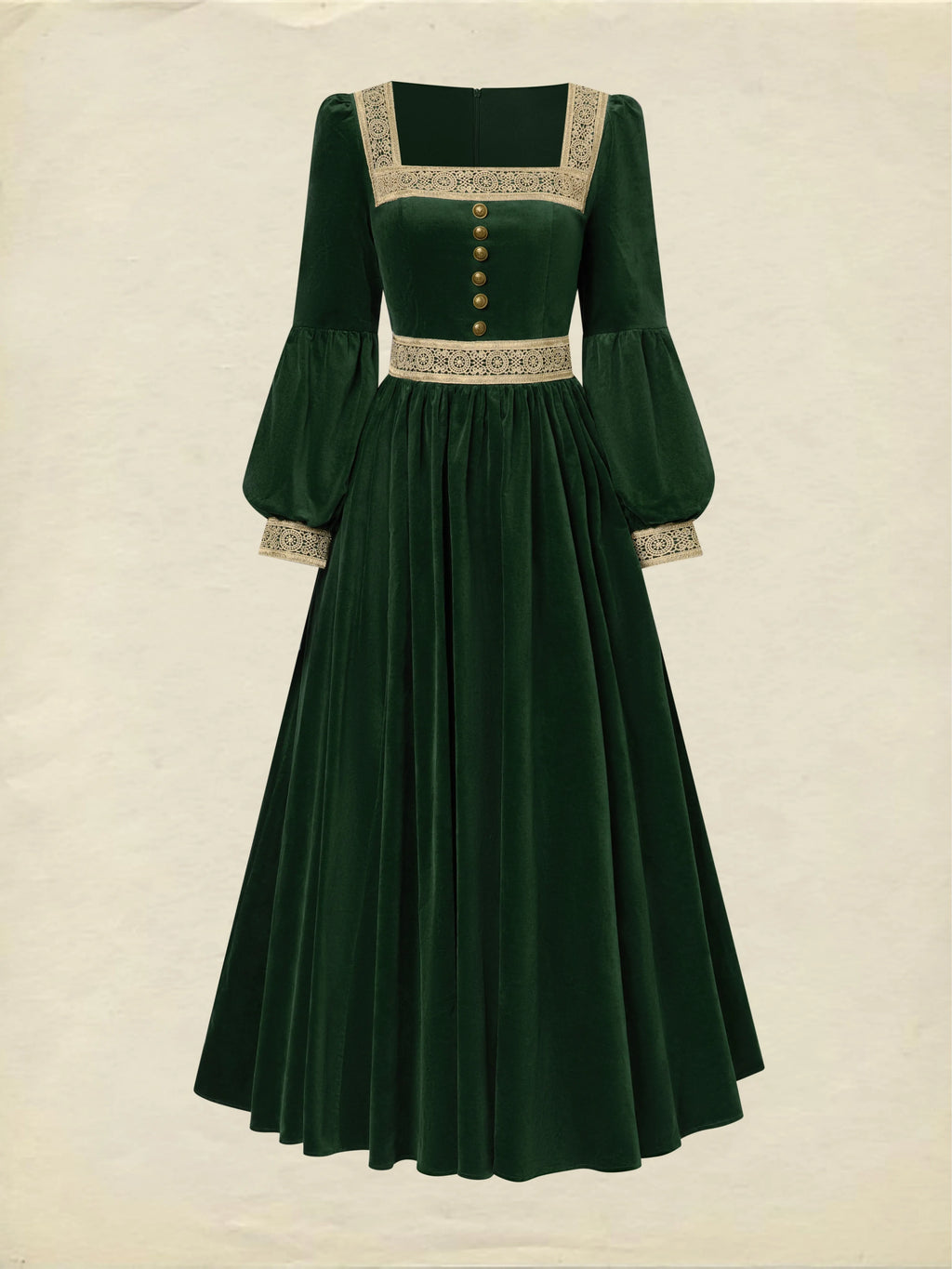 Maxi Cotton Dress, Long Sleeves, Square Neck, Plain, Lace, Vintage, Green