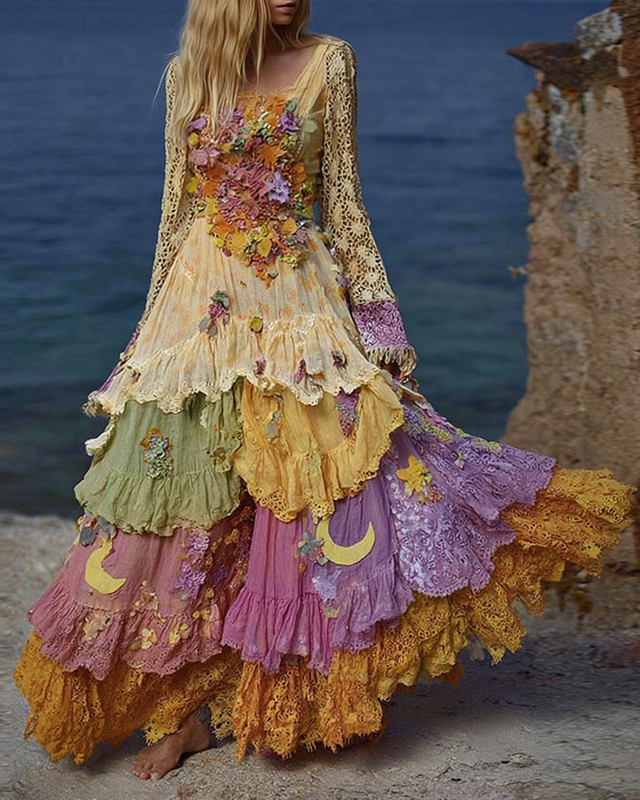 Seaside Irregular Floral Star And Moon Embroidered Lace Patchwork Linen Dress  2bac