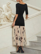 Black Floral Rose Knit Off The Shoulder Half Sleeve Mermaid Maxi Dress