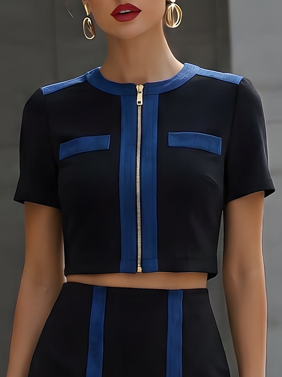 Black & Blue Color-Block Short-Sleeve Crop Top + Mini Skirt Two-Piece Set