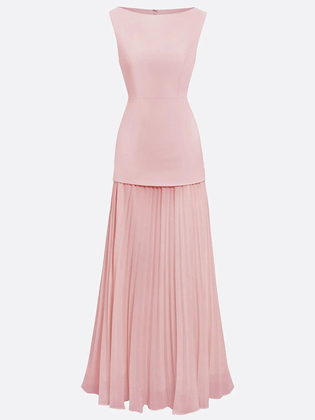 Pink Pleated Classic Boat Neck Sleeveless A-Line Floor-length Gown Dress