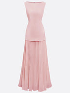 Pink Pleated Classic Boat Neck Sleeveless A-Line Floor-length Gown Dress