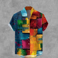 Men's Retro Colored Oil Painting Plaid Art Print Cotton And Linen Shirt