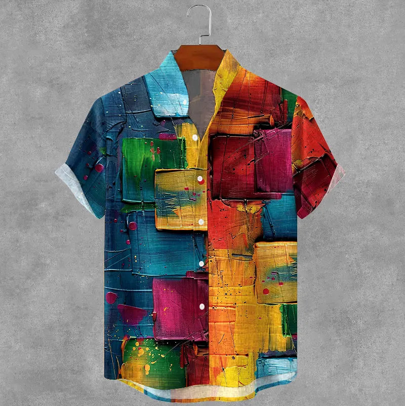 Men's Retro Colored Oil Painting Plaid Art Print Cotton And Linen Shirt