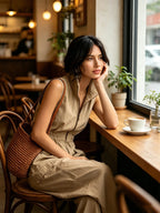 Beige Cotton Twill Sleeveless Utility Cargo Jumpsuit