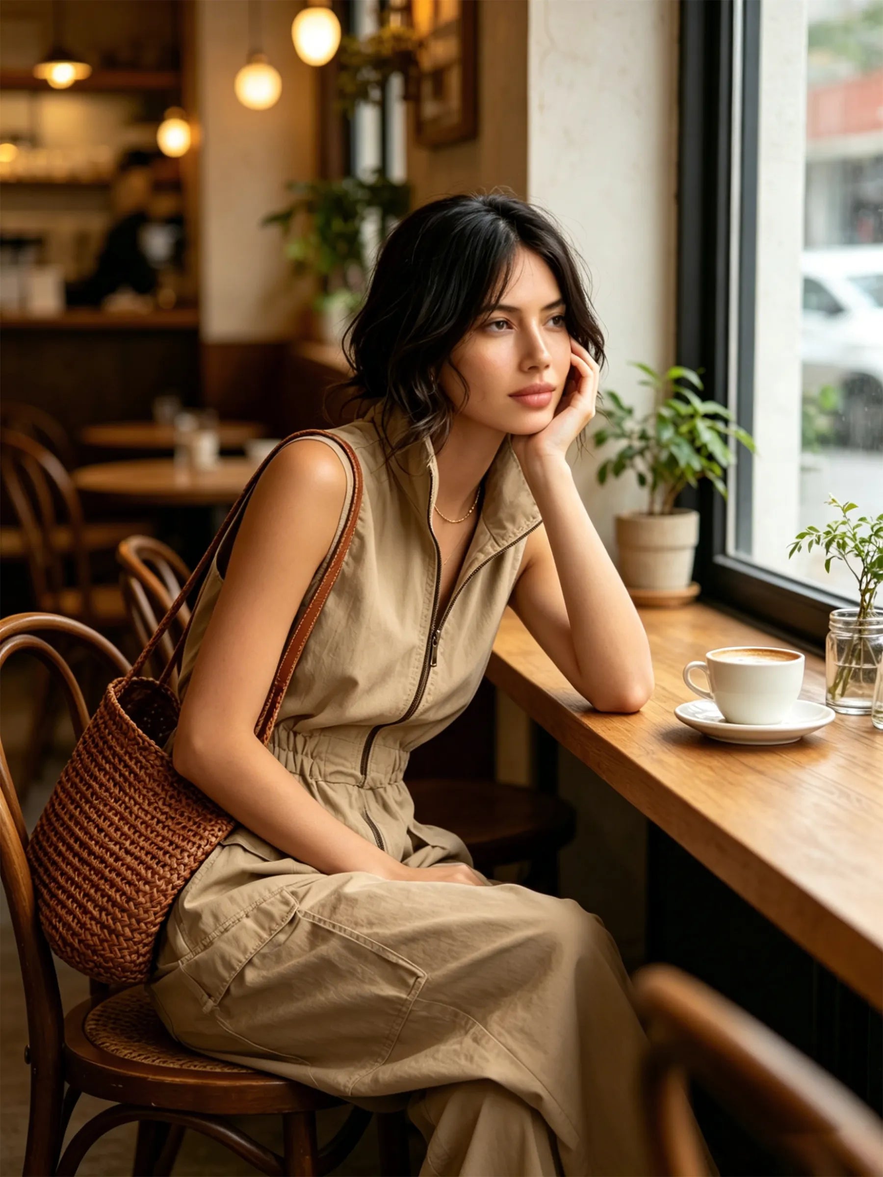 Beige Cotton Twill Sleeveless Utility Cargo Jumpsuit