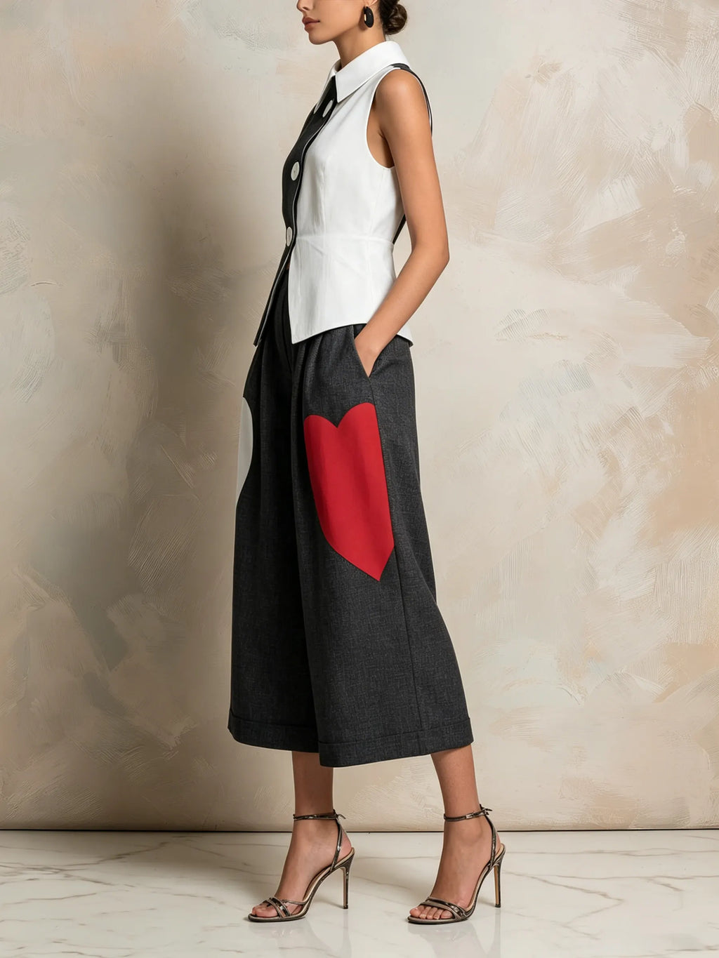 Color-Block Heart Patch Vest & Culottes Set