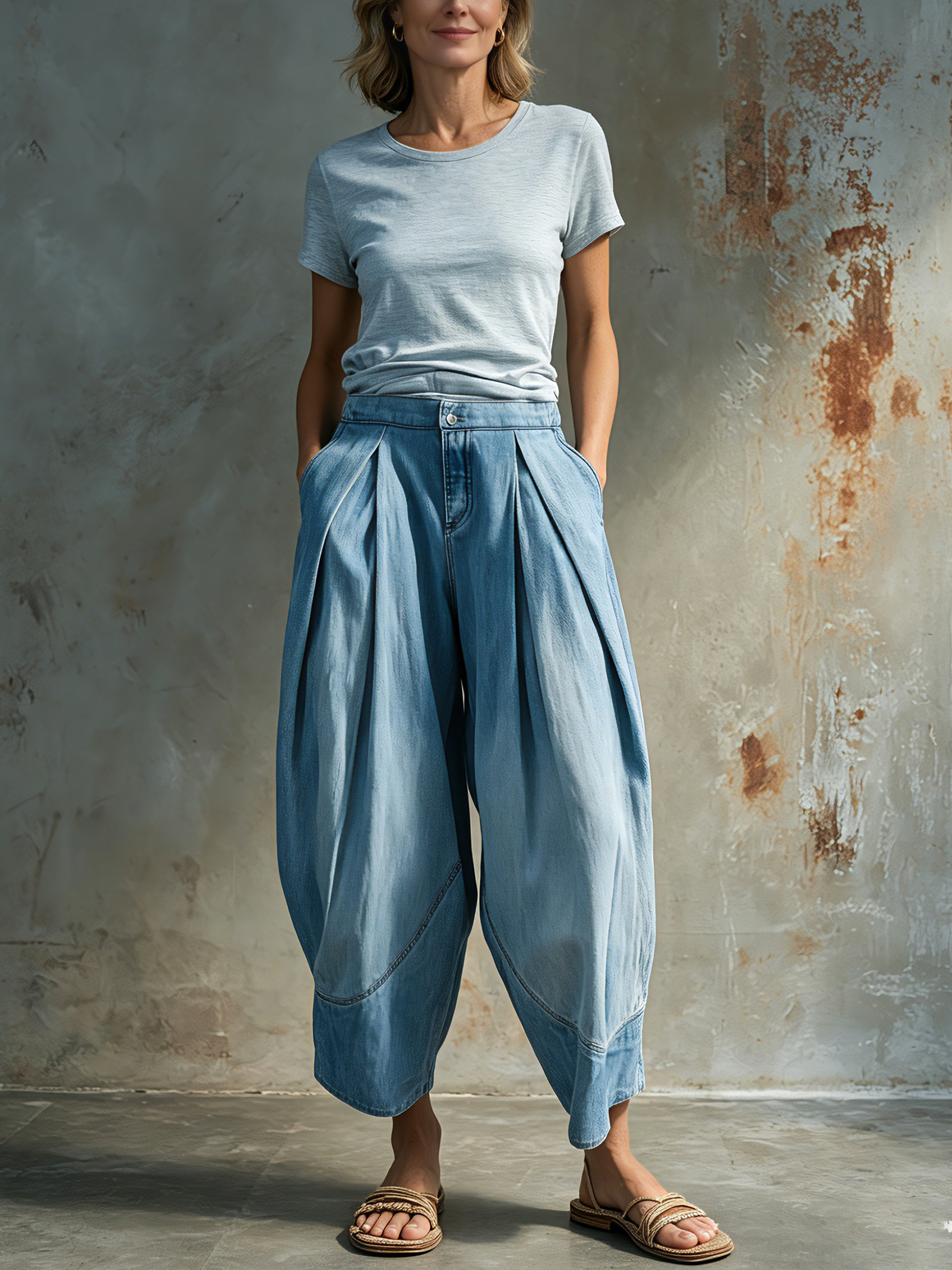 Light Blue Washed Denim Barrel Leg Cropped Jeans