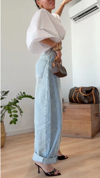 Puff Sleeve Crop Shirt & Light Wash Baggy Jeans